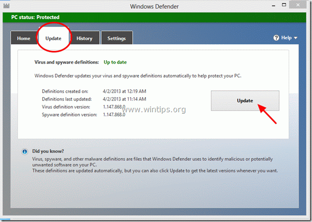 aktualizujte Windows Defense - www.wintips.org