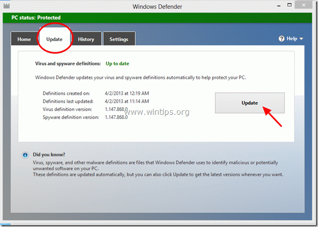 actualizați Windows Defender - www.wintips.org