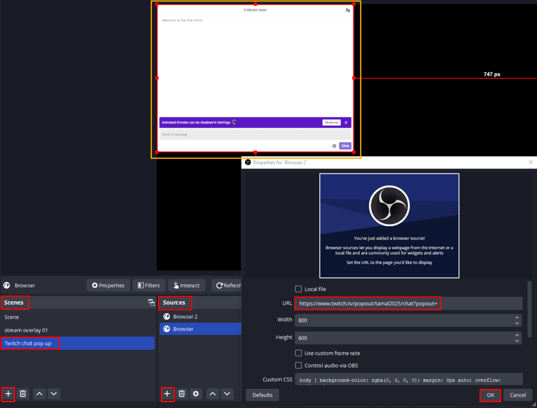 Twitch Chat-overlay toevoegen aan OBS Studio met behulp van de OBS-gebruikersinterface