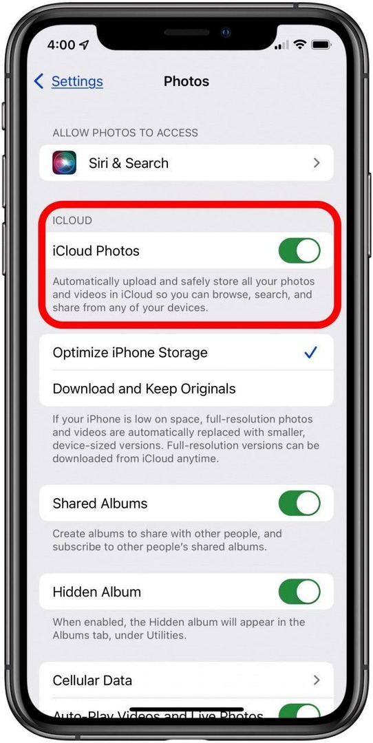 ieslēdziet icloud fotoattēlus