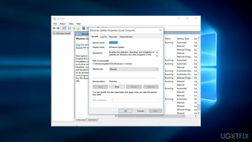 Установите для типа запуска Центра обновления Windows значение Вручную.