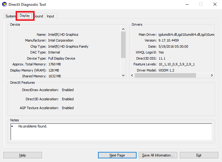 Wyświetlacz — narzędzie diagnostyczne DirectX