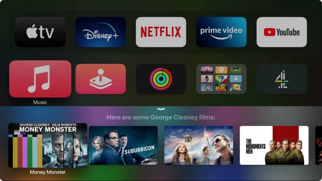 Siri meklē Džordža Klūnija filmas Apple TV