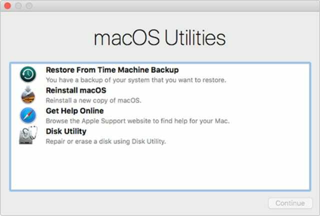 macOS Utilities -ikkuna palautustilasta