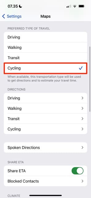 साइक्लिंग iPhone स्क्रीनशॉट का चयन करें