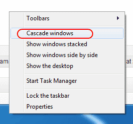 Win7 Cascade Windows možnost