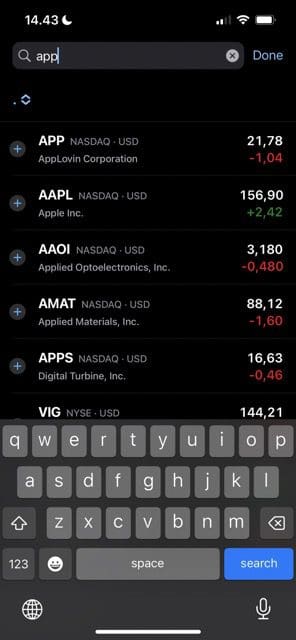 Képernyőkép, amely az új részvény hozzáadására vonatkozó felszólítást mutatja iOS rendszeren