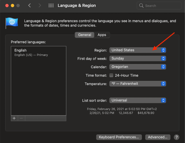 язык macOS и регион, установленный для региона