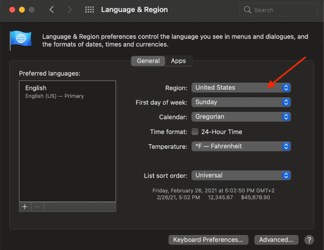 „macOS“ kalbos ir regiono rinkinio regionas