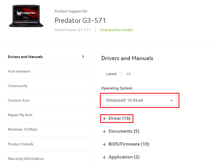 escolha o sistema operacional e selecione o driver para o dispositivo Acer Predator Helios 300