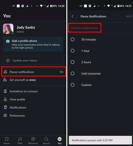 Nadaljevanje obvestil Slack Android