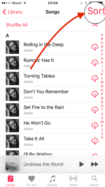 hur man sorterar låtar, album i iOS 10.2