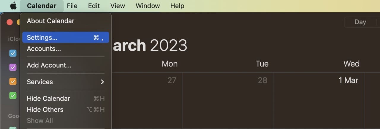 Kalendāra lietotnes iestatījumi Mac ekrānuzņēmums