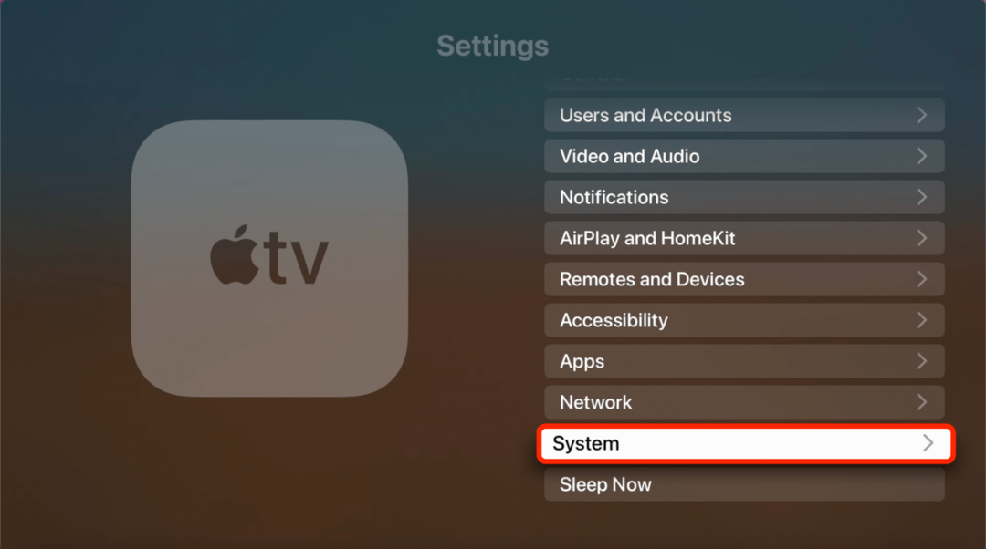 Izberite System (za Apple TV 4K ali HD) ali General (za starejše Apple TV).