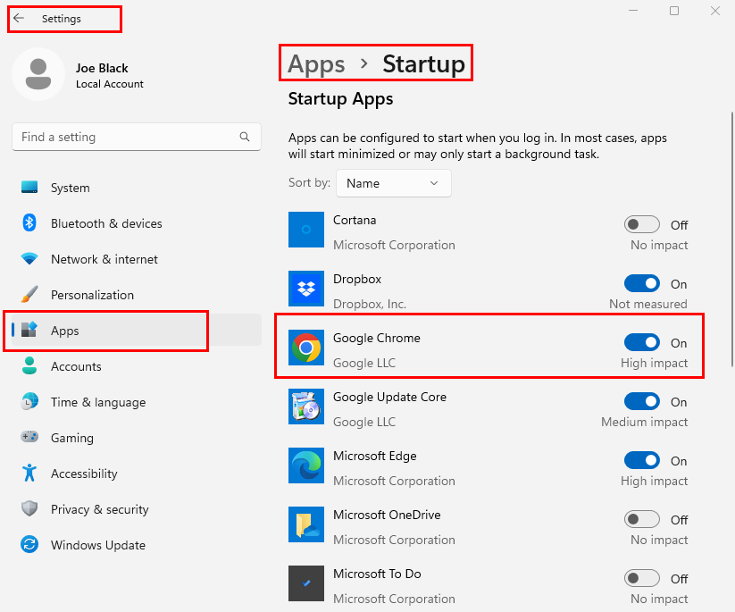 Le impostazioni delle app di avvio su Windows 11