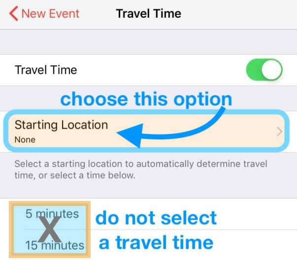 wprowadź lokalizację początkową czasu podróży w aplikacji kalendarza iOS iPhone iPad iPod