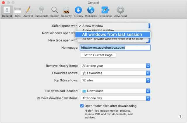 Safari Preferences отварят прозорци от последната сесия