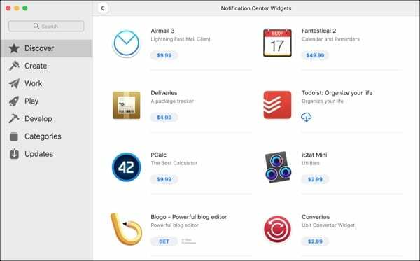 Mac App Storen ilmoituskeskuksen widgetit