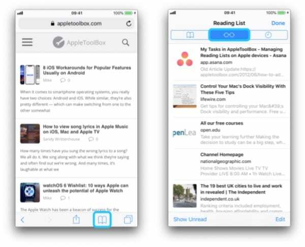 Două capturi de ecran ale unui iPhone care navighează către Lista de lectură