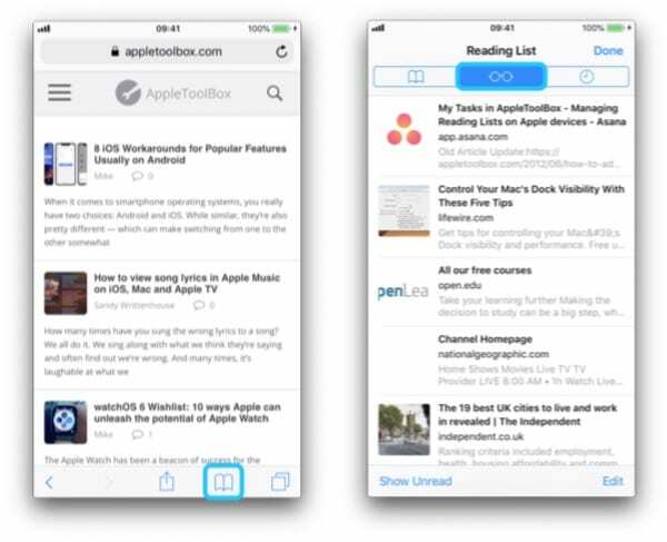 リーディングリストに移動するiPhoneの2つのスクリーンショット