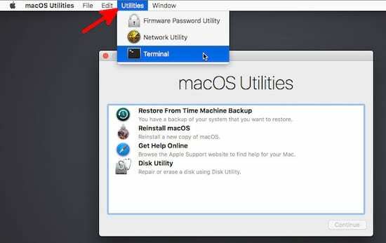 Screenshot des macOS-Wiederherstellungsmodus, der Utilities Terminal in der Menüleiste hervorhebt