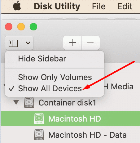 डिस्क उपयोगिता सभी उपकरणों को दिखाती है मैकबुक