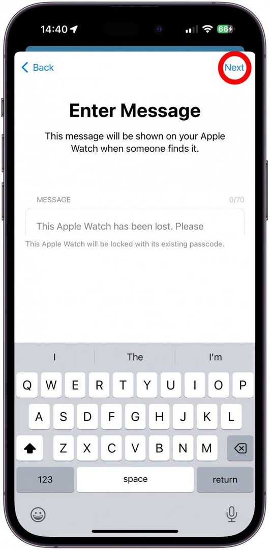 Če želite, vnesite sporočilo po meri s svojimi kontaktnimi podatki ali morda celo ponudite nagrado, če ga najdete, ali pustite privzeto sporočilo, nato tapnite Naprej.