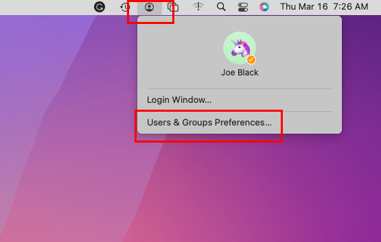 Параметр «Пользователи и группы» на панели инструментов Mac