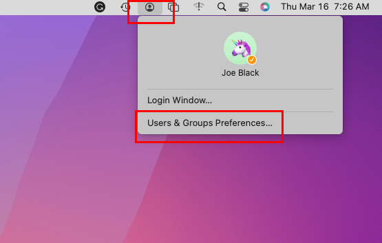 Alternativet Användare och grupper i Mac-verktygsfältet