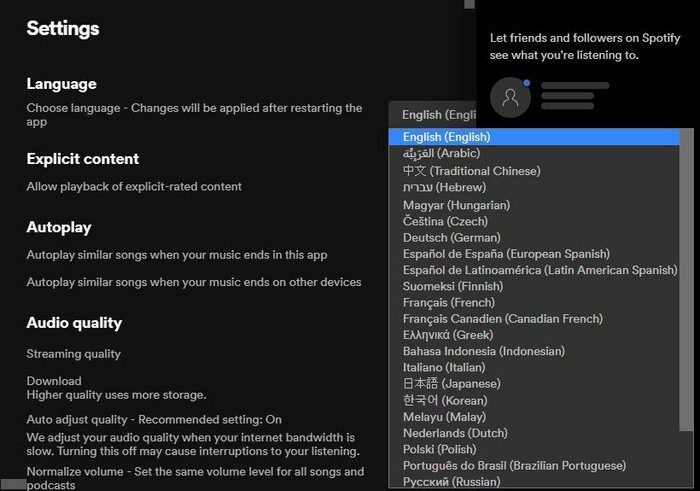 Desktop Spotify mengubah Bahasa