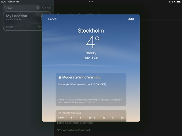 iPad의 날씨 목록에 도시 추가