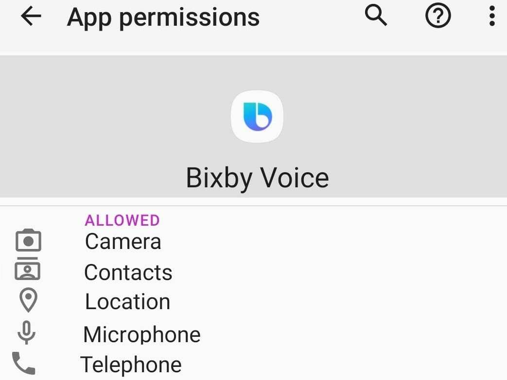 разрешения за разрешаване на bixby