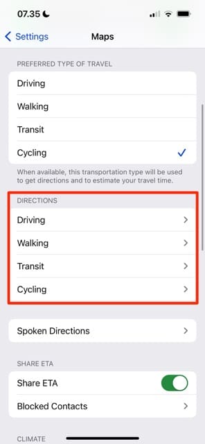 Keresési útvonalterv Maps iPhone beállítások Képernyőkép