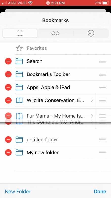 Húzza a könyvjelzők rendezéséhez Safari iPhone