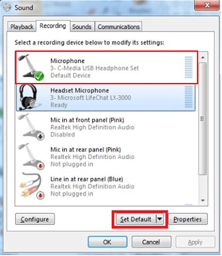 Selecteer uw microfoon en klik op de knop Standaard instellen