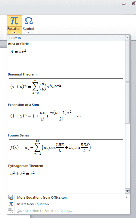 Vergelijkingseditor in Word 2010