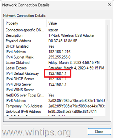 Endereço de gateway padrão IPv4