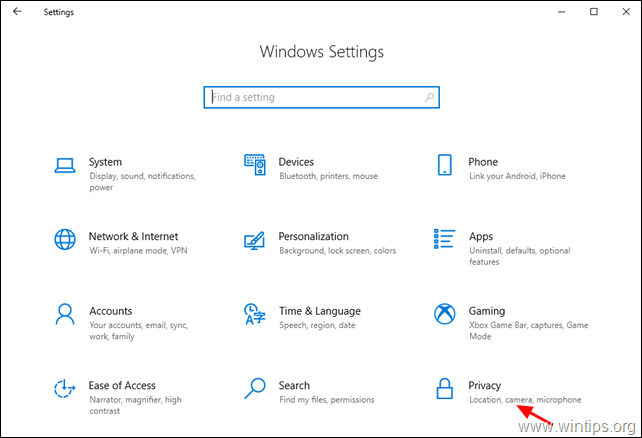 Opções de privacidade do Windows 10