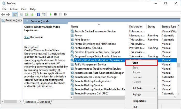 Ξεκινήστε την υπηρεσία Quality Windows Audio Video Experience Service