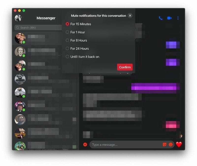 Možnosti utišanja obvestil Facebook Messenger