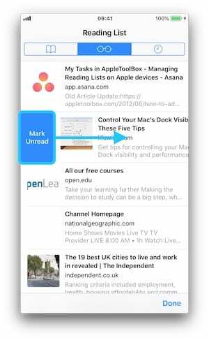 Capture d'écran de la liste de lecture iOS mettant en évidence Mark Unread