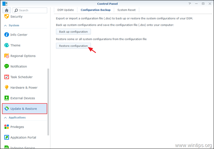 Ripristina configurazione Synology NAS