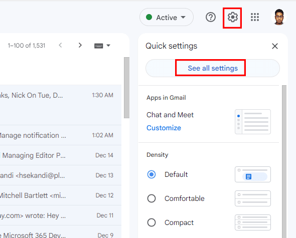 Akses menu pengaturan Gmail dari Gmail untuk menyiapkan email alias di Gmail