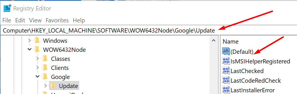 Google Update urejevalnik registra Windows 10