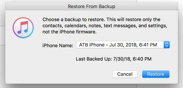Elija una copia de seguridad para restaurar en iTunes