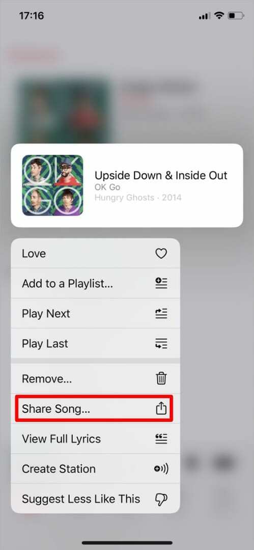 Всплывающее меню действий из песни в Apple Music