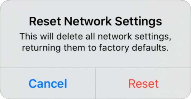 Vyskakovací okno s varováním Reset Network Settings v nastavení iPadu