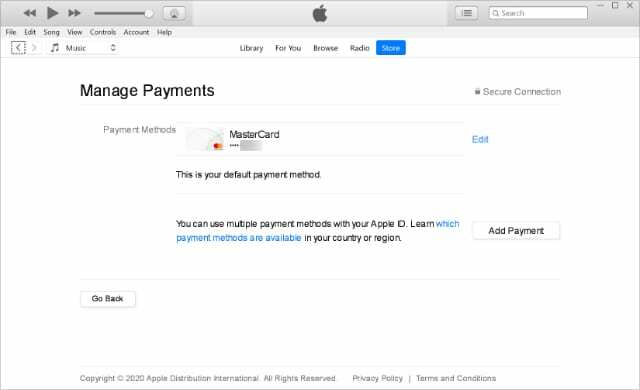 Pagina di gestione dei pagamenti di iTunes