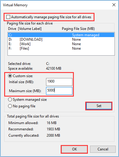 אפס זיכרון וירטואלי לתיקון שגיאת שימוש בדיסק של Windows 10 100%.