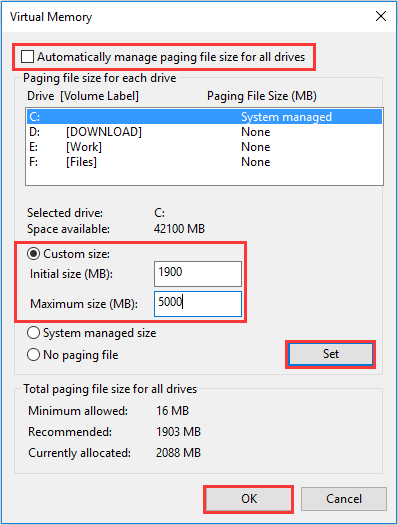 Virtuellen Speicher zurücksetzen, um Windows 10 100 % Festplattennutzungsfehler zu beheben